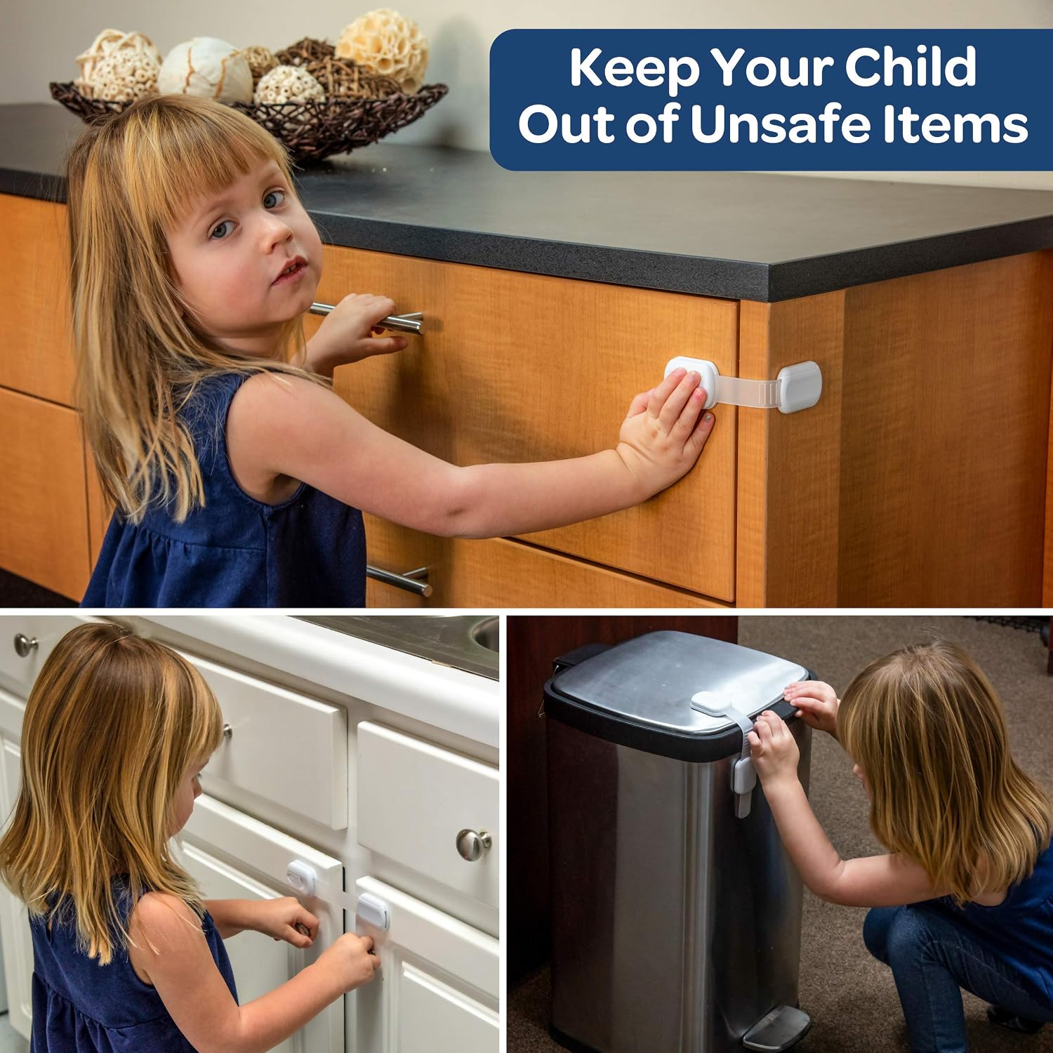 8-Pack Child Safety Cabinet Locks - Adjustable Child Cabinet Locks with 3M Adhesives - White and Clear Baby Locks for Cabinets and Drawers, and More - Easy to Install Baby Proofing Cabinets by Wittle