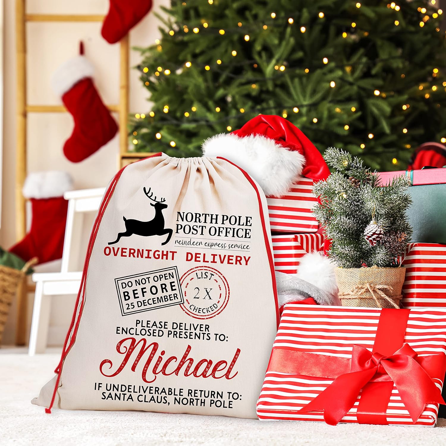Brd Gifts Set of 2 Personalized Santa Sack w/Name 9 Design Options Custom Christmas Bag for Holiday Presents, 27 x 20 Canvas, Large Santa Gift Sack Santa Mail Service