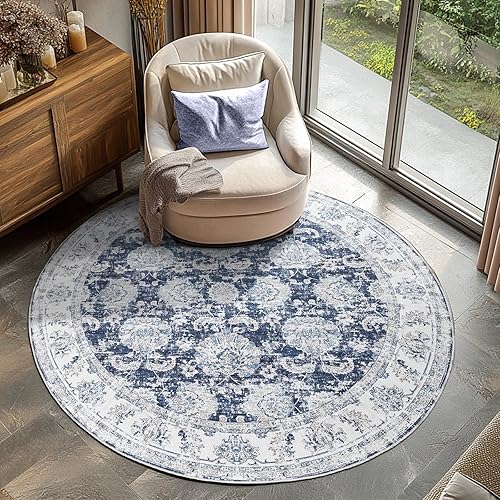 jinchan Alfombra redonda de 6 pies, color azul oscuro, vintage, para cocina, interior, delgada, floral, lavable, alfombra circular de 6 pies,