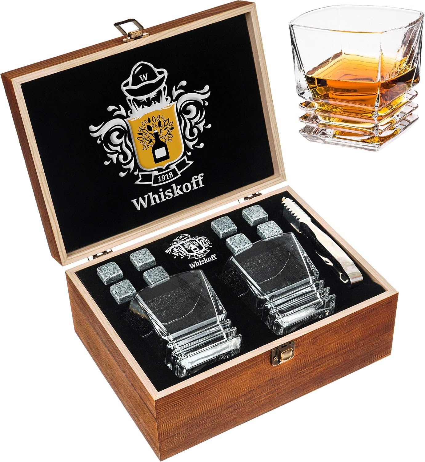 Crаzу Clеаrаnсе Whiskey Stones Gift Set - Heavy Base Glasses for Scotch Bourbon Drinker- Whisky Rocks Chilling Stones in Wooden Gift Box - Burbon Gift Set for Men - Idea for Birthday, Anniversary, Fathers Day
