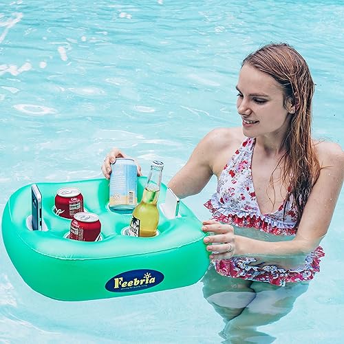 Miniatura 2 de FEEBRIA - Soporte inflable flotante para bebidas con 4 agujeros de gran capacidad, flotador de bebidas para piscina o fiesta playa