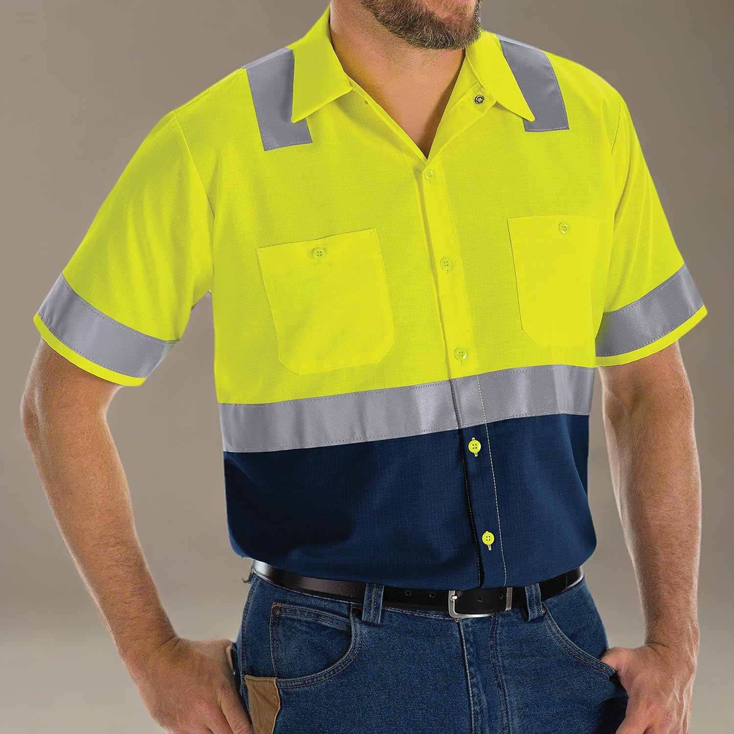 Red Kap Men's Hi-Vis SS Colorblock Ripstop Work Shirt-Type R, Class 2, Fluorescent Yellow/Green/Navy, 2X-Large - Image 5