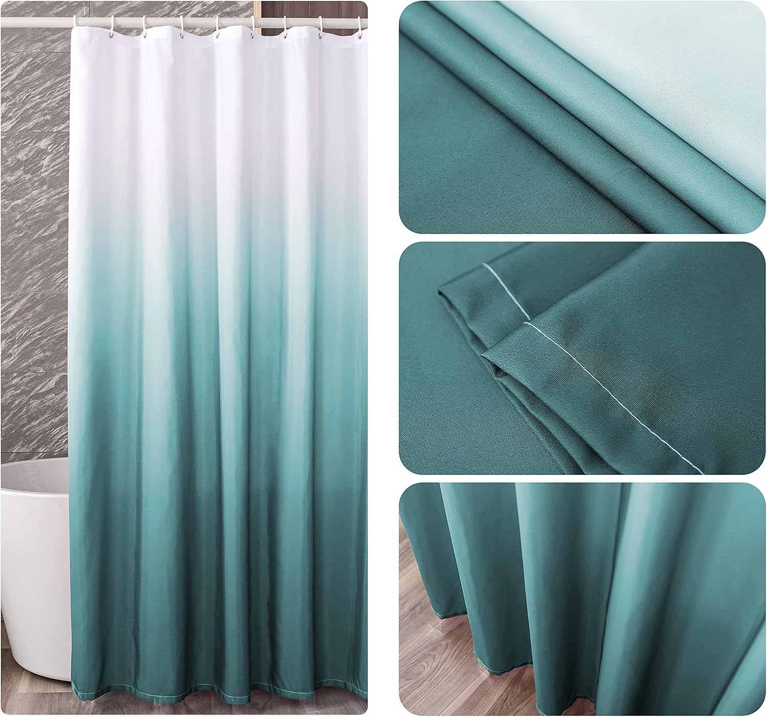 YI & ZE Teal Green Ombre Shower Curtain Set for Bathroom, 72" W x 72" L
