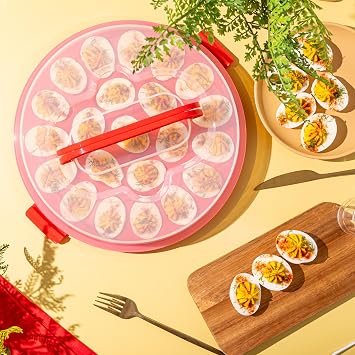 Deviled Egg Containers with Lid & Handles, 22-Count Portable Carrier, Dishwasher Safe Tray, Refrigerator Storage, High-Capacity Trays Deviled Egg Holder - Red