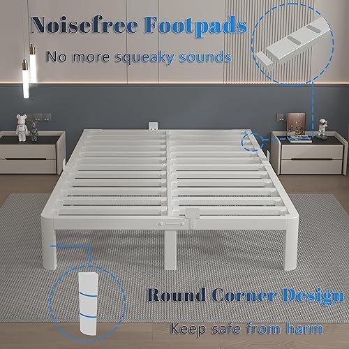 Miniatura 7 de Base de cama de 10 pulgadas tamaño completo, base de cama blanca tamaño completo con juntas metálicas, no requiere somier, diseño de esquinas