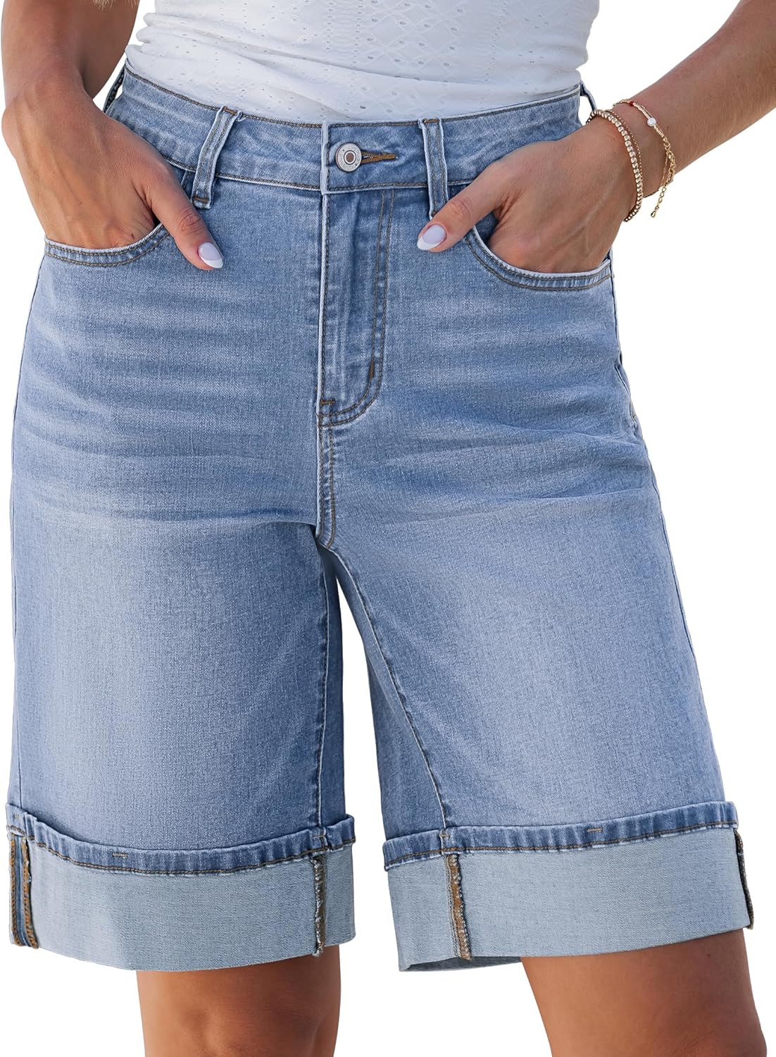 luvamia Jean Bermuda Shorts for Women High Waisted Knee Length Cuffed Long Stretchy Denim Shorts Loose Summer Jorts