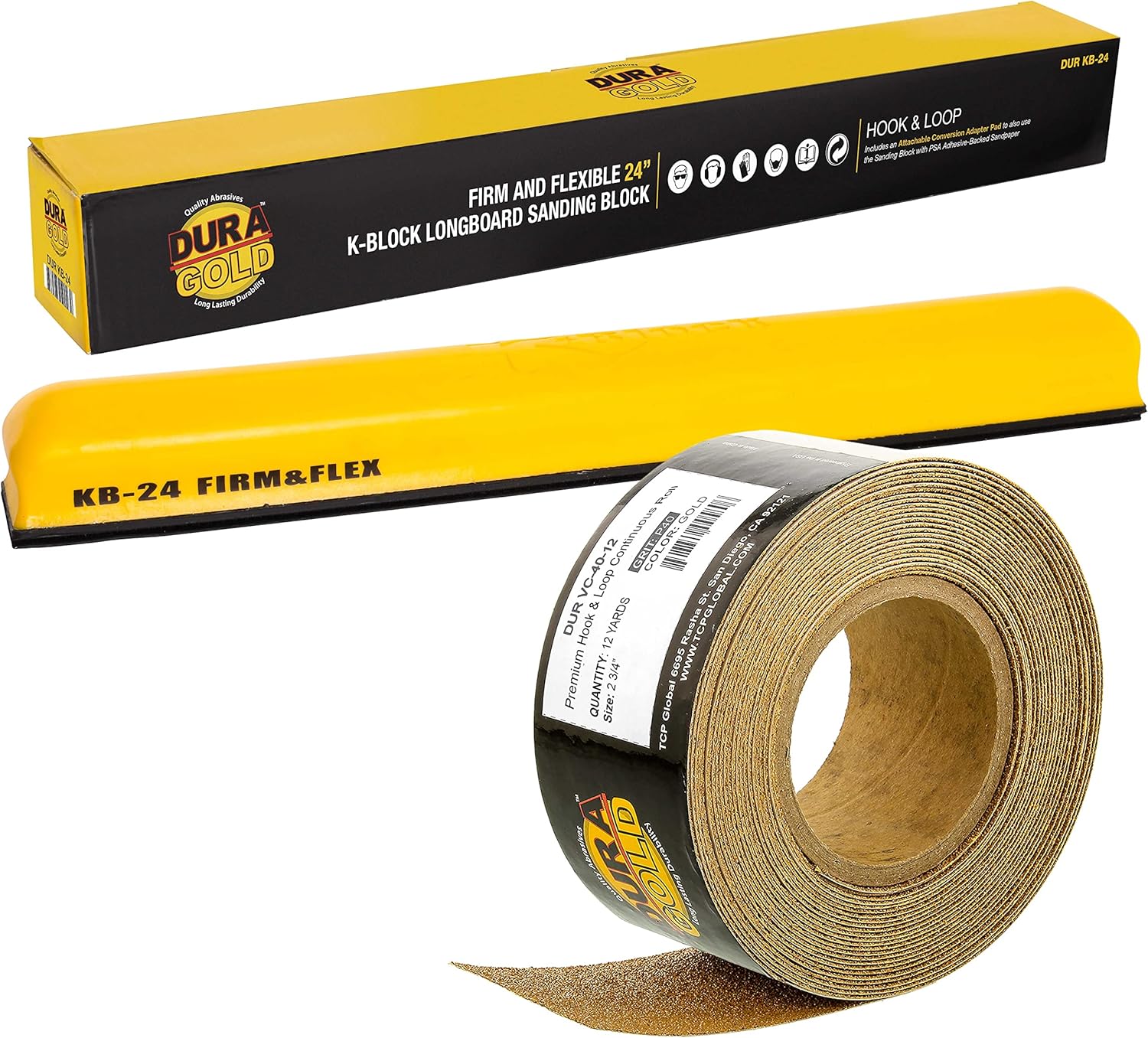 Dura-Gold Pro Series 24" K-Block Sander Firm & Flex XL Longboard Hand Sanding Block Pad with Hook & Loop Backing and PSA Adapter Pad & 40 Grit Sandpaper Roll