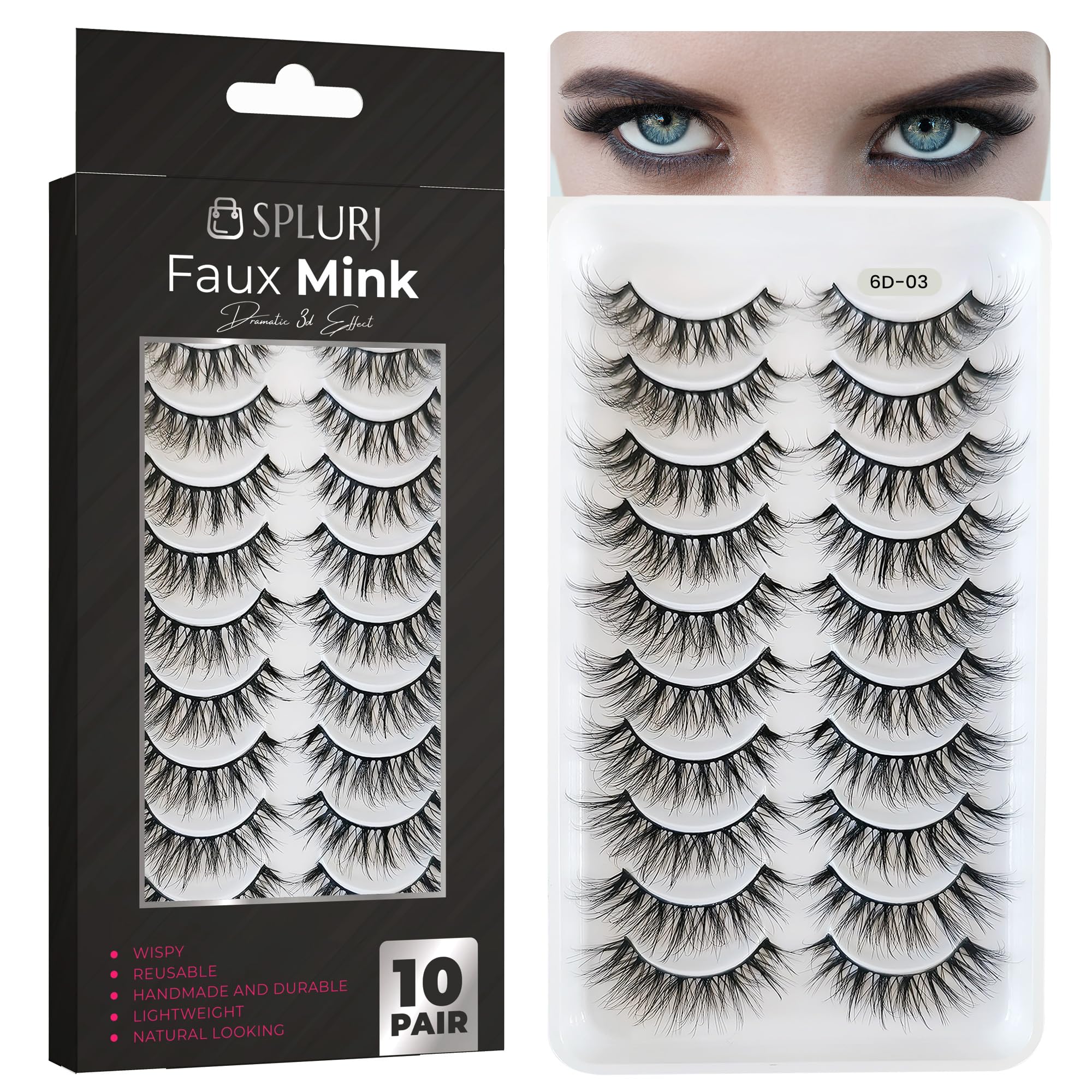 False Eyelashes - 10-Pack Mink Lashes - Wispy Lashes – Natural Looking Dramatic 3D Effect Fake Lashes – Fake Eyelashes Kit – Lightweight False Lashes - Faux Cat Eye Lashes - Lash Strips - By SPLURJ