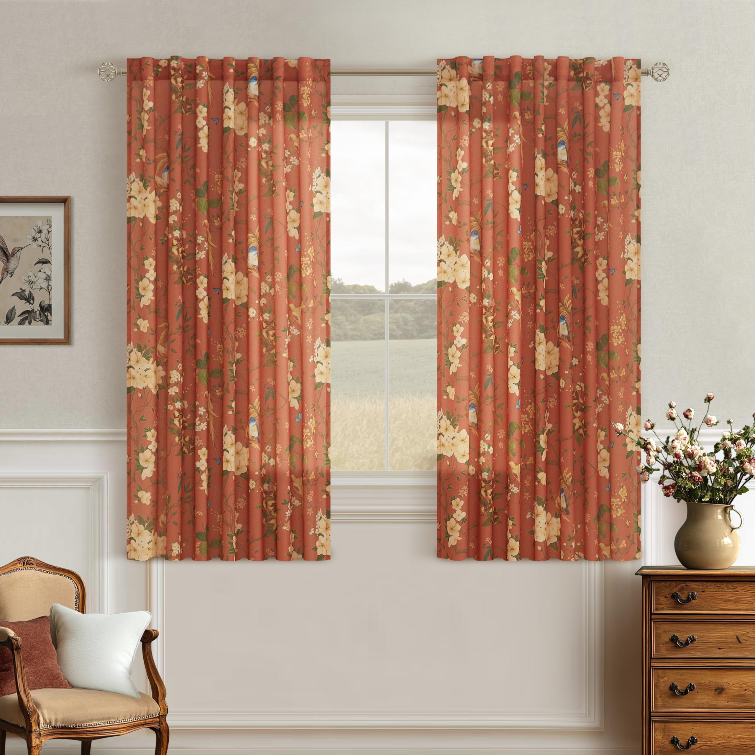 Linen Floral Bird Short Kitchen Curtains Back Tab 54 Inch Length 2 Panels | Sheer,Light Filtering,Boho Cottage,Flower Leaf Patterned,Window Drapes,Rod Pocket,for Laundry Dining Room,Autumn Decor