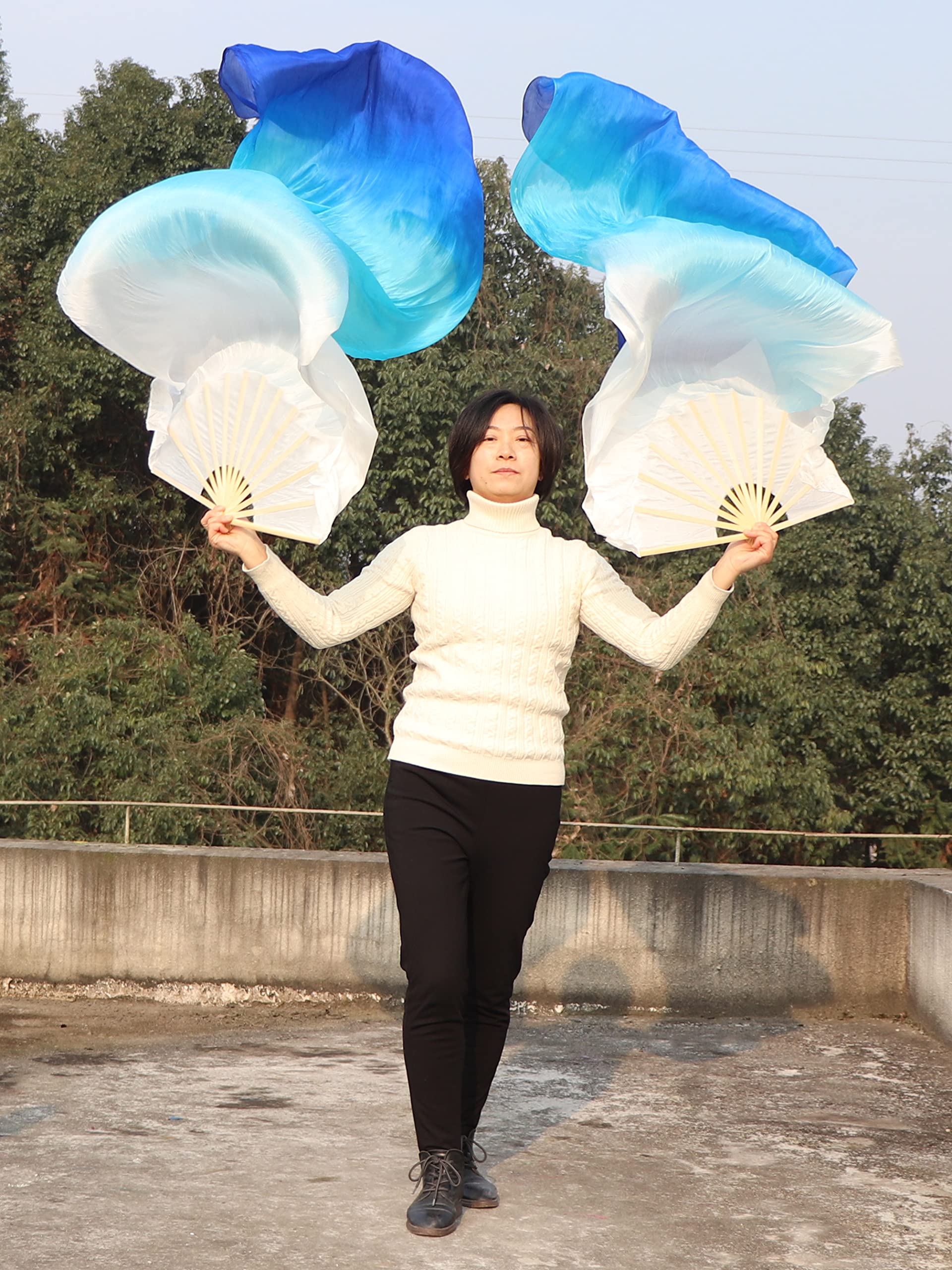 Winged Sirenny Abanicos Velos Seda Natural 180 cm Danza del Vientre Pintados a Mano Mango Bambú Ajustable 2 Unidades