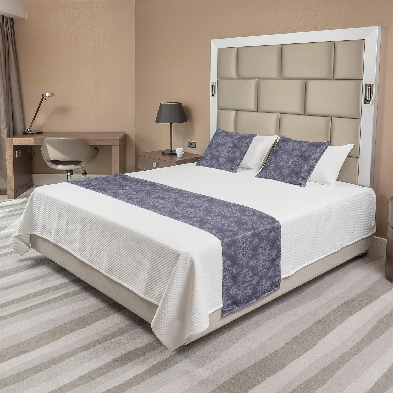 Lunarable Vintage Bed Runner Set, Antique Motifs Victorian Renaissance Design Inspirations Blooming Flowers, Decorative Bedding Scarf and 2 Pillow Shams for Hotels Homes, King, Grey and Purple Grey