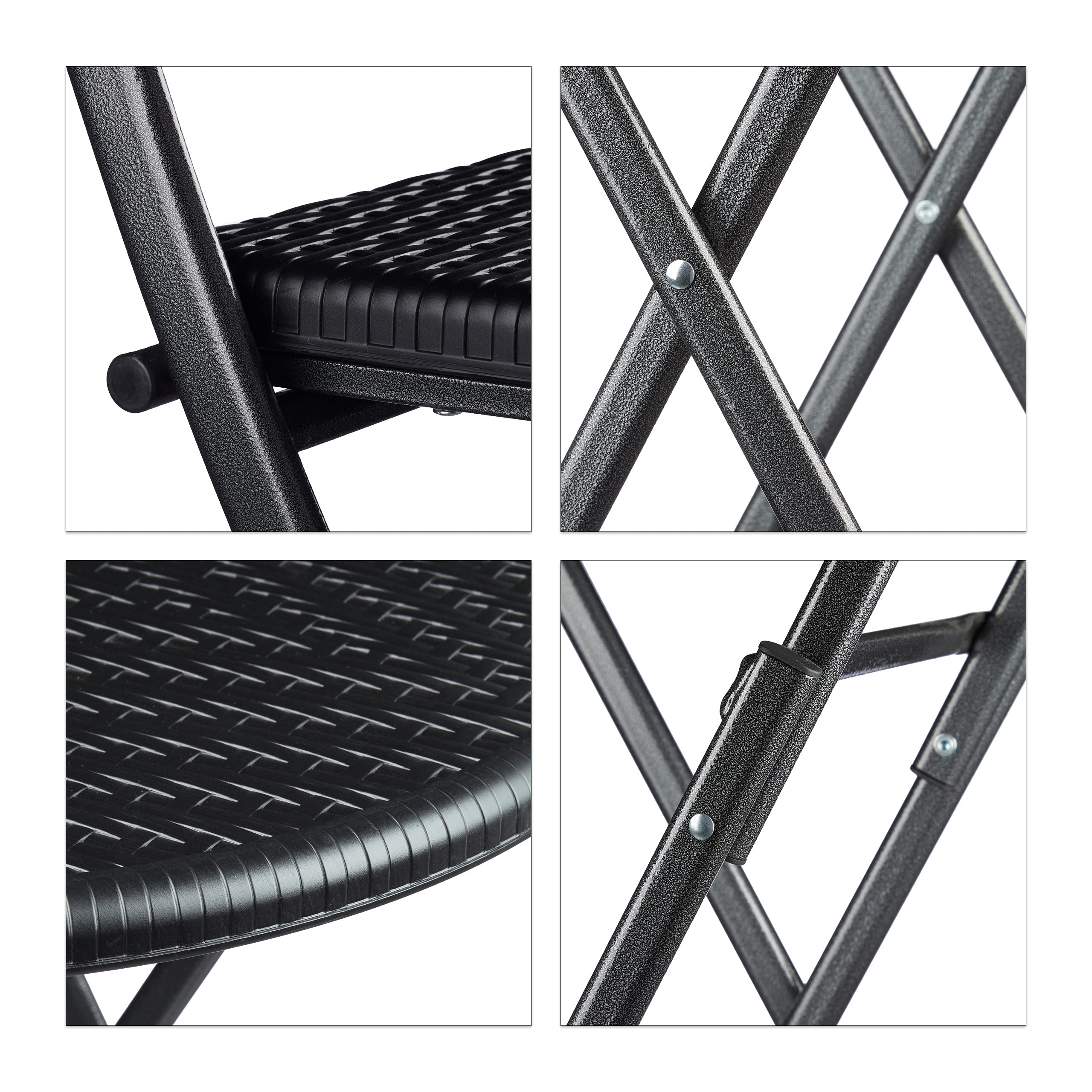 Relaxdays Set Mobili da Giardino BASTIAN, Tavolo e Sedie Campeggio, Pieghevoli, Rattan, HxLxP 75,5x60x60 cm, Nero