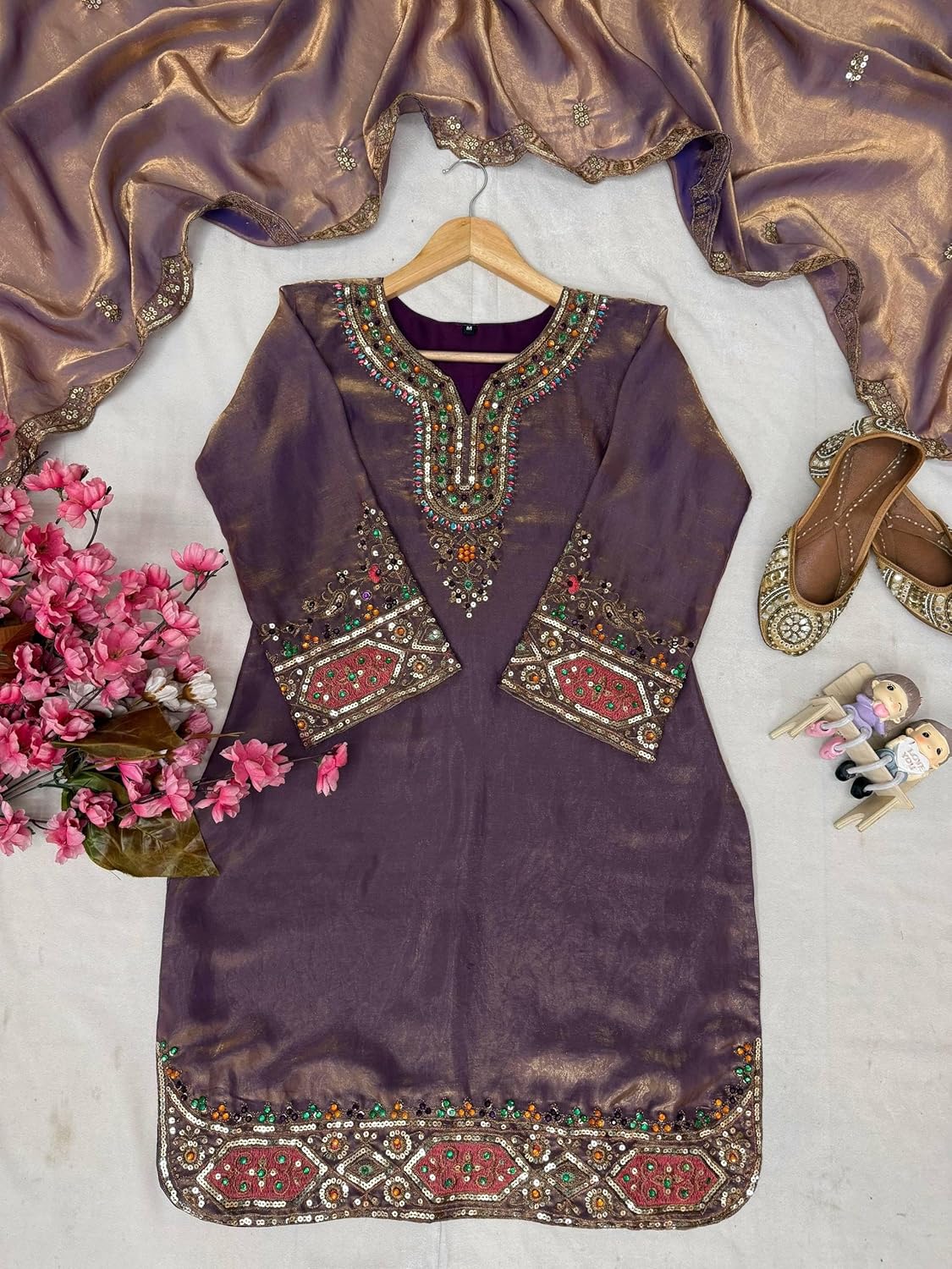 Women Silk Fabric Pakistani Style Short Kurti and PlazooSet with Stone Handwork 21400