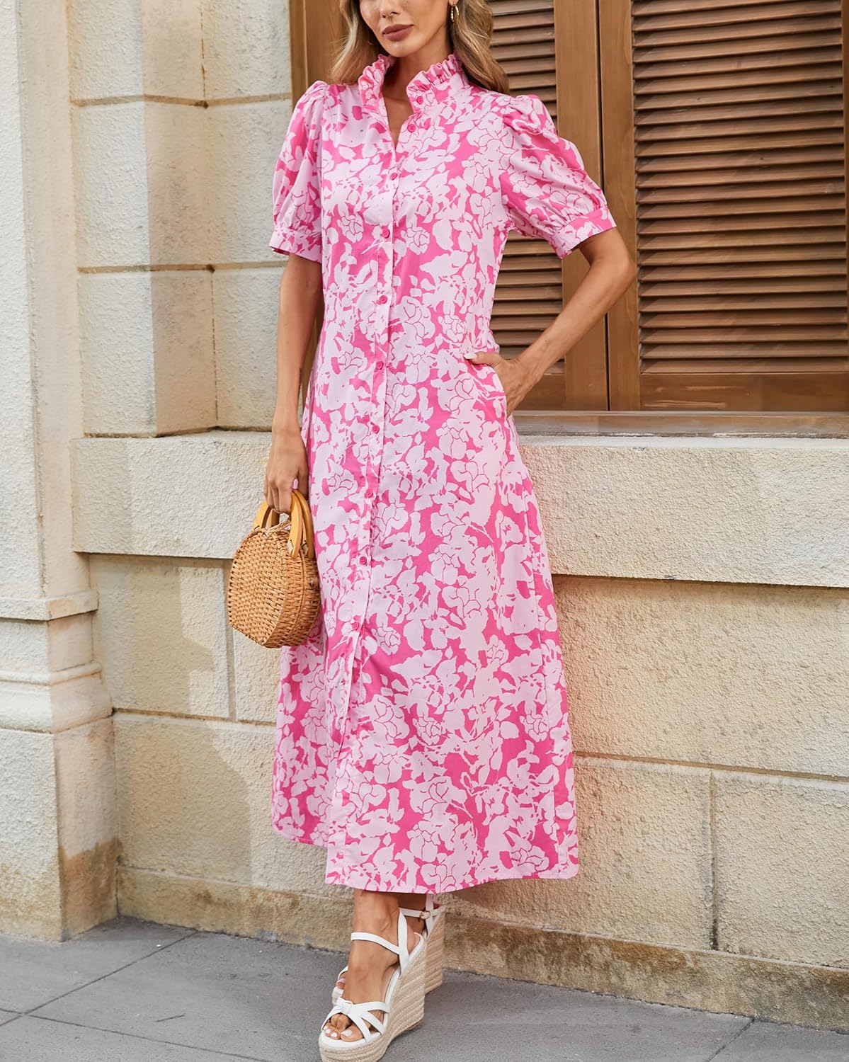 Women's Floral Button Down Shirt Midi Dress Casual Puff Sleeve Ruffle Collar Dress Summer Beach Party Dress - Image 4