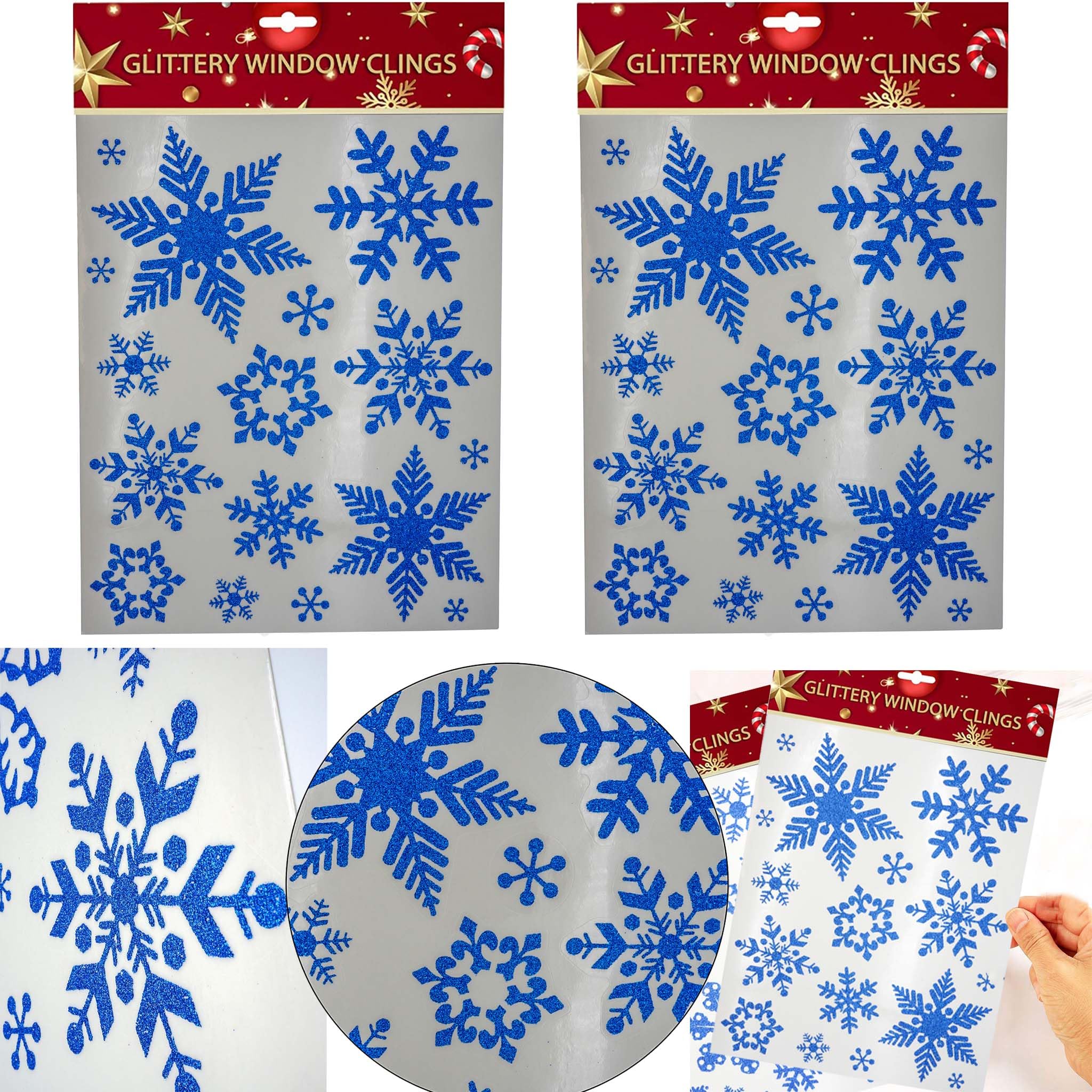 32Pcs Ice Blue Glitter Snowflake Ornaments Reusable Xmas Clings, 2X Sheets Large Hanging Snowflakes for Christmas Tree, Indoor Outdoor Windows, Party & Winter Wonderland Decor