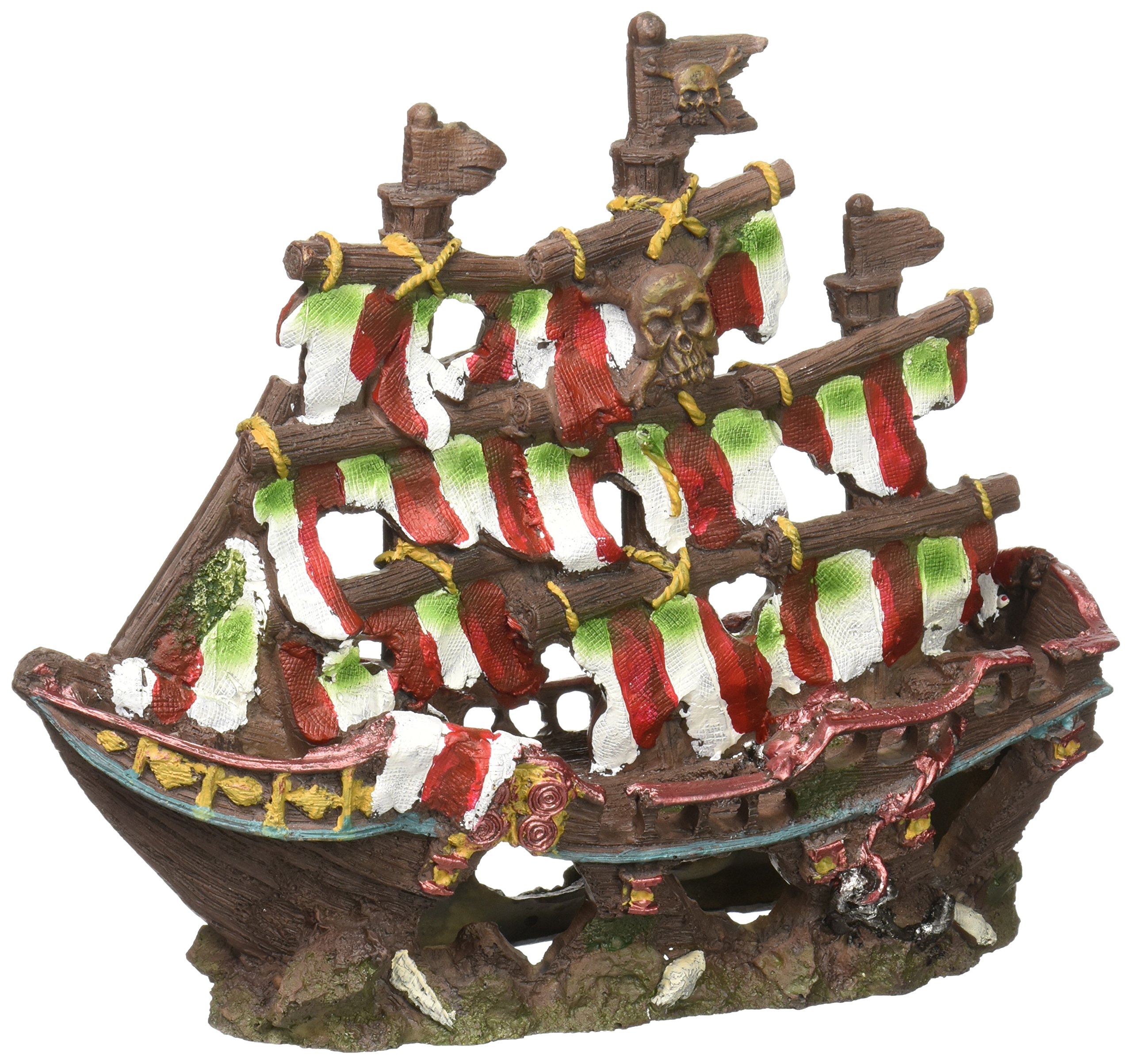 Penn-Plax Striped Sail Shipwreck Aquarium Decoration Ornament Colorful Red and White Design 8.25 Inch