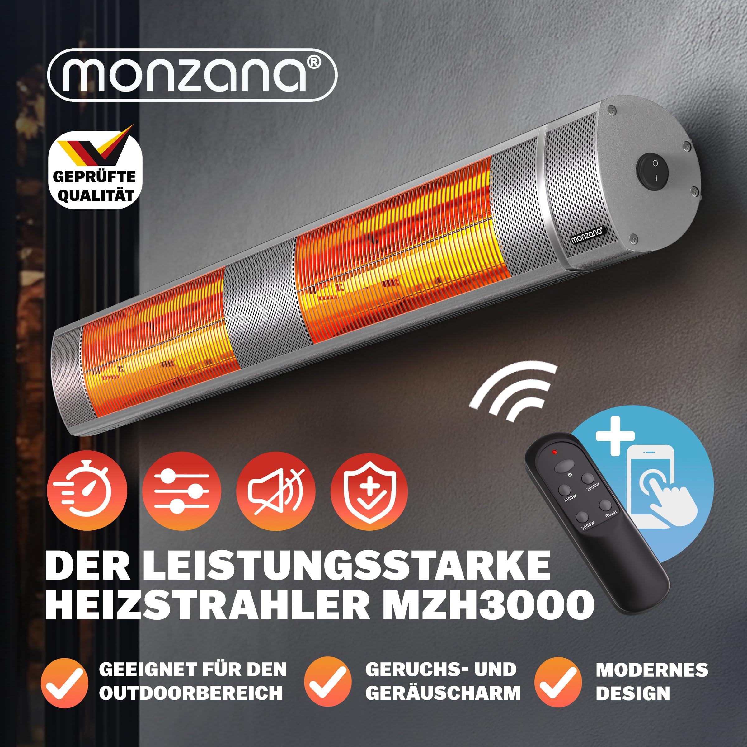MONZANA® Infrarot Heizstrahler Goldröhre 3000W App Steuerung 3 Stufen Fernbedienung Outdoor Wärmestrahler Terrassenheizer Terrassenstrahler Silber