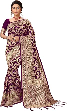 TRENDMALLS Womens Banarasi Silk Saree with Unstitched Blouse Piece