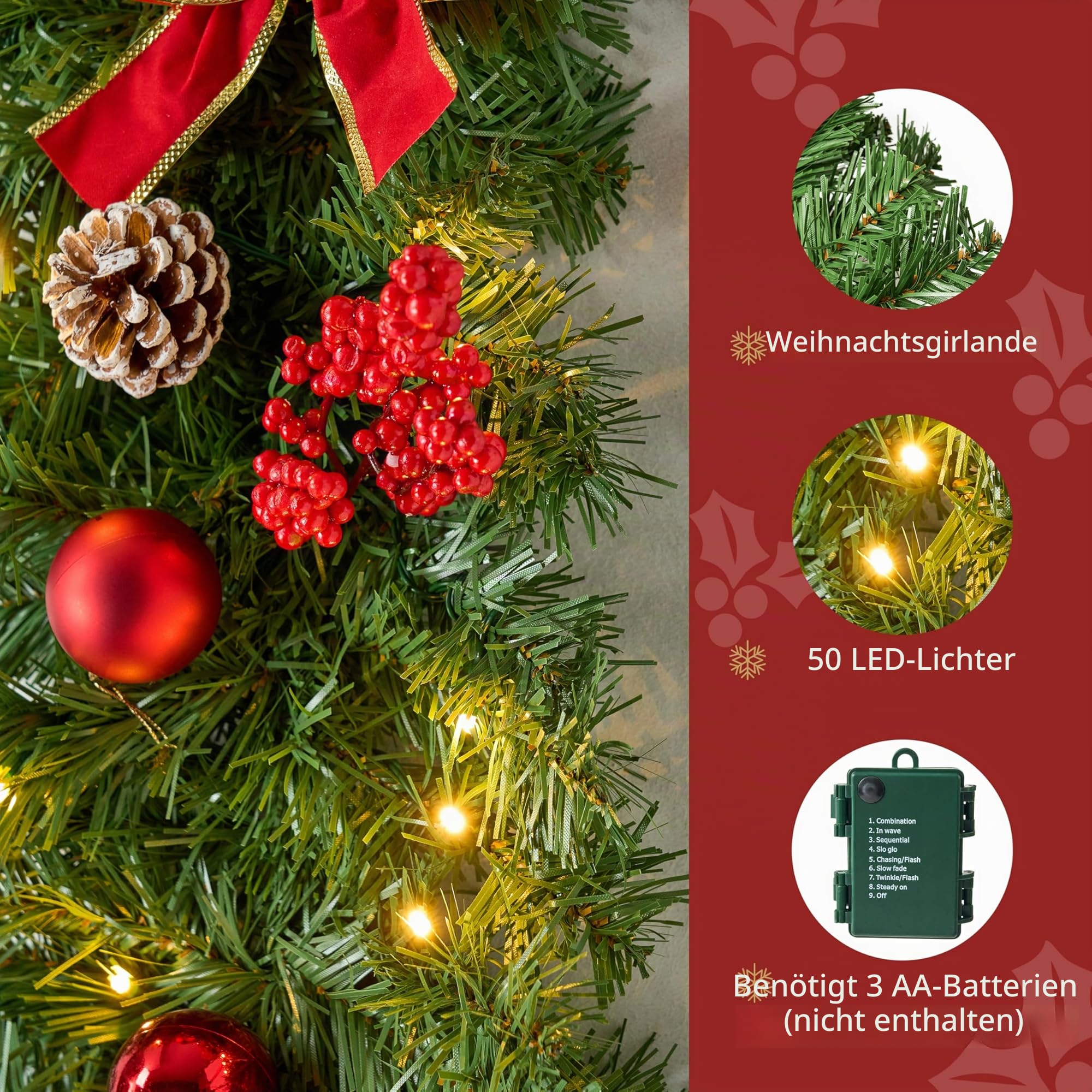 Joiedomi Weihnachtsgirlande mit Lichtern, 50 warmweiße LEDs, Weihnachtsbaumgirlande mit 8 Beleuchtungsmodi, verziert mit Tannenzapfen, Schleifen, Weihnachtskugeln und Beeren für Fenster