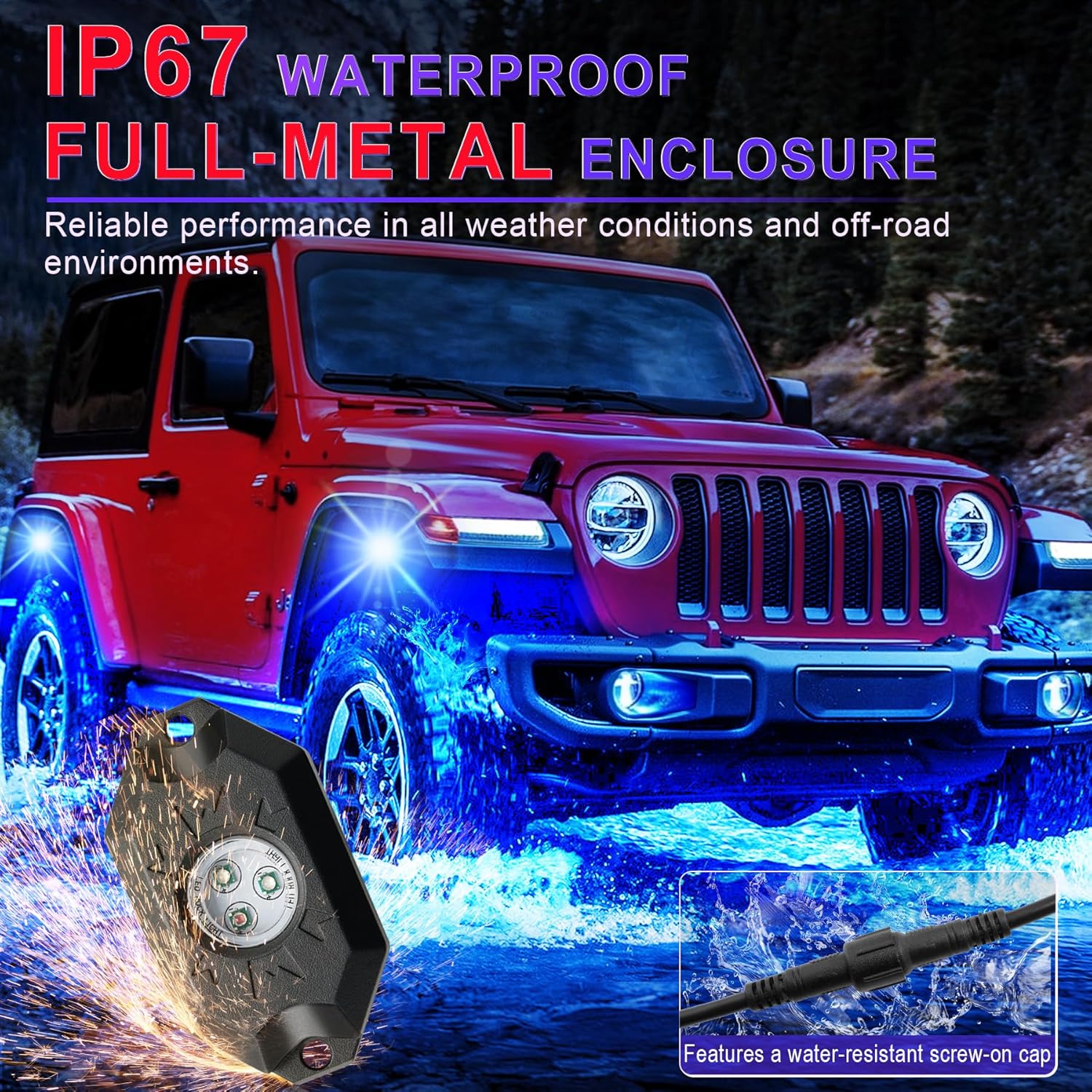 LivTee RGB LED Rock Lights Kit, 4 Pods Waterproof Underglow Neon Lights with Bluetooth App Control - Multi-Color & Music Sync Wheel Light for Trucks SUV UTV ATV RZR Golf Cart