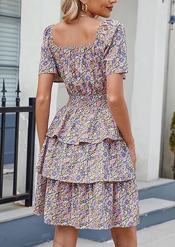 Miniatura 8 de PRETTYGARDEN Vestido corto de verano floral para mujer cuello cuadrado manga corta escalonado con volantes bohemio con vuelo