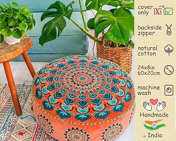 Orange Round Velvet Pouf Cover - Soft Embroidered Ottoman Slipcover with Moroccan Design, 24 Inch Diameter, Ideal for Living Room, Bedroom, or Meditation Space - Decorative Floow Pillow Cushion