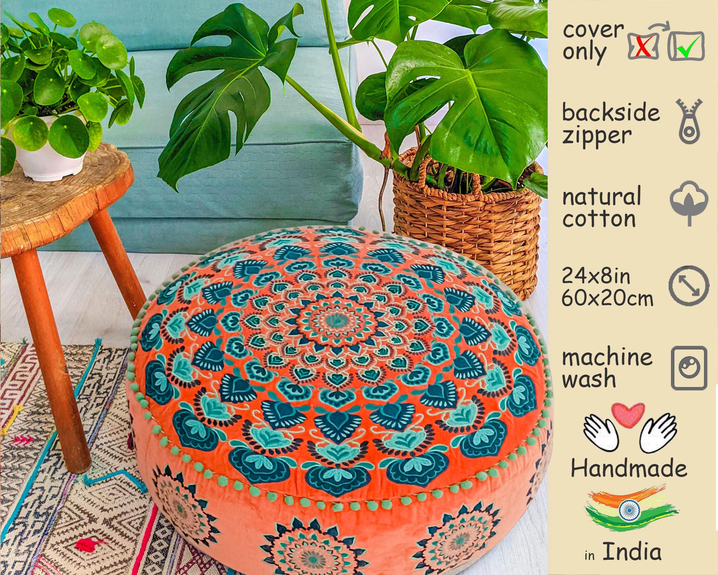 Mandala Life ART Fodera per cuscino da pavimento rotondo bohémien - 60 cm - 100% cotone - Custodia pouf per pouf per soggiorno, camera da letto, patio e altro
