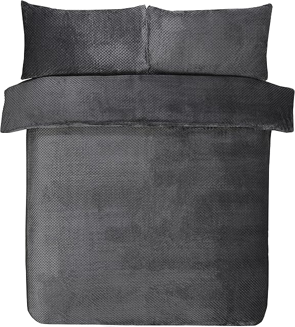 Sleepdown Waffle Teddy Fleece Grey Warm And Cosy Reversible Soft Duvet Cover Quilt Bedding Set With Pillowcases - Super King (220cm x 260cm)