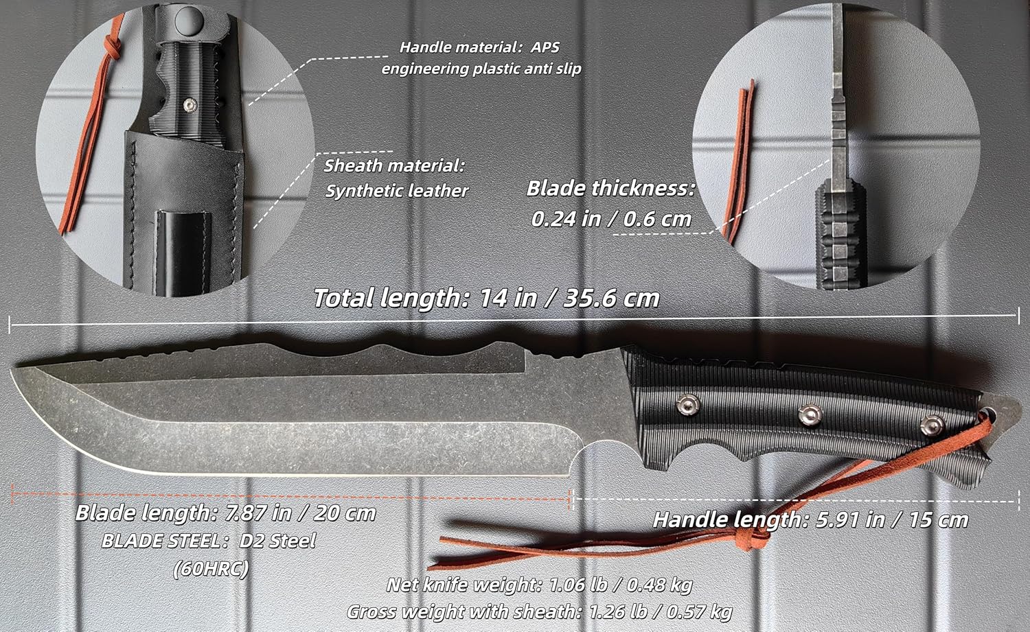 R36 Heavy hunting knife -14" Fixed Blade - Tactical Knife for Survival Gear - Full Tang, D2 Steel Blade - Camping Survival Knife - Plain edge, Stone wash color