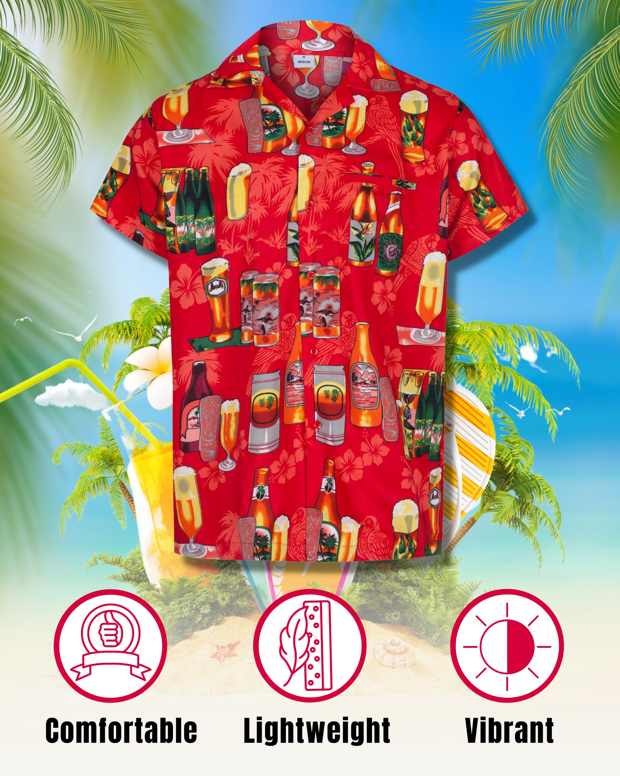 REDSTAR Men’s Hawaiian Shirt Short Sleeve Button-Down Funny Beer Print Casual Party Shirt for Summer, Lightweight Comfortable Fit, Ideal for Holidays, Beach Wear and Festivals