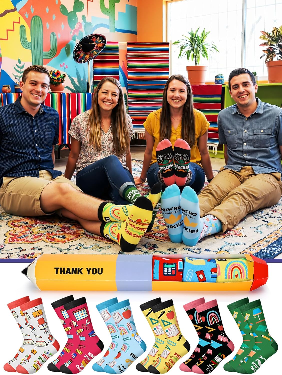 Shyyween 12 Pairs Nacho Average Teacher Gift Socks Mexican Teacher Appreciation Week Gifts for Women Men Novelty Cinco De Mayo Nacho Socks with Pencil Shape Box for Mother's Day Birthday Graduation