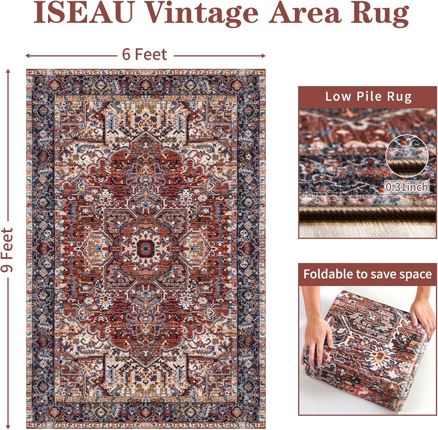 ISEAU Washable Vintage Rugs – 6×9 Bedroom Area Rugs, Large