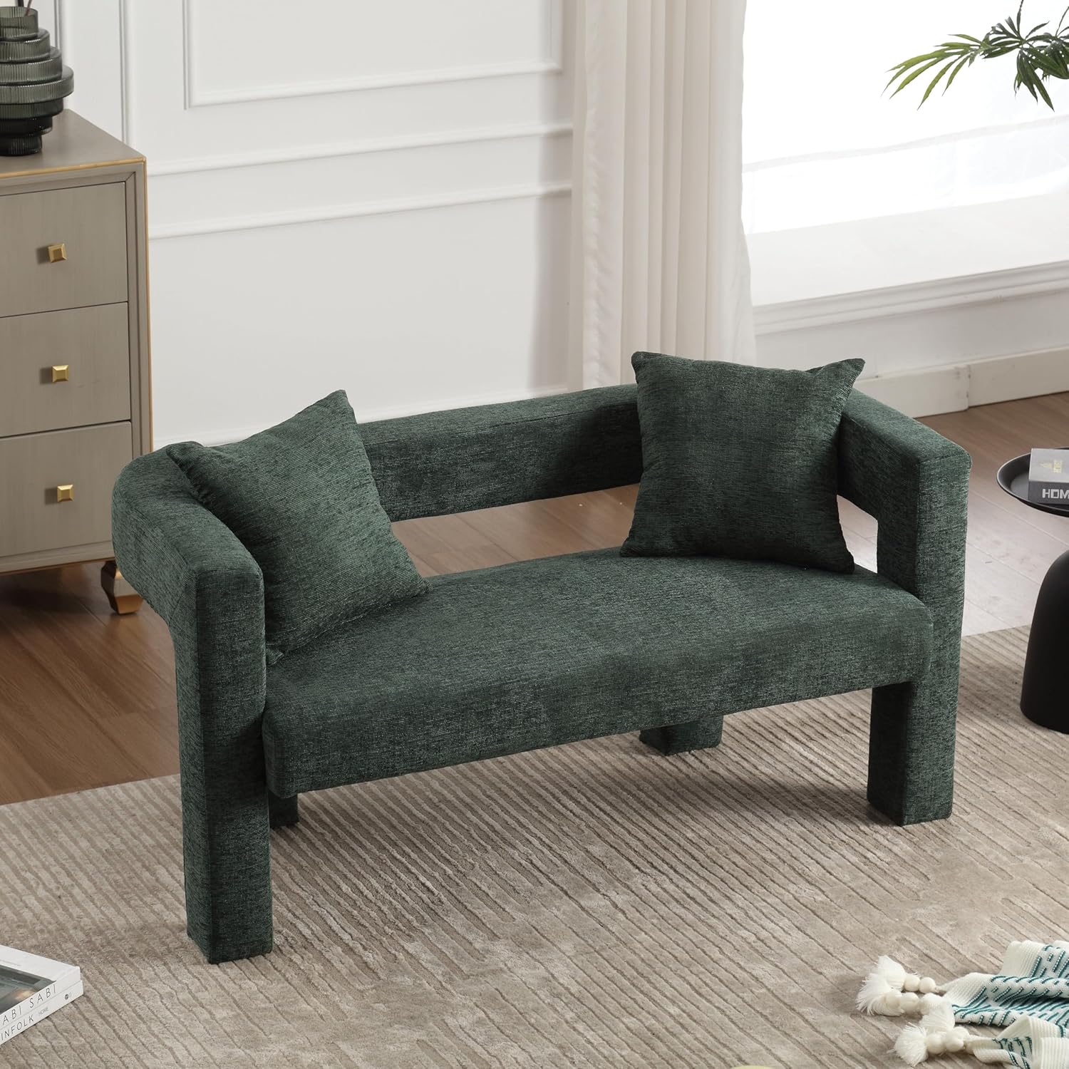 51" Minimalist Chenille Loveseat with Curved Open Backrest, 2-seat Compact Sofa with 2 Soft Pillows, Accent Couch with high-density sponge & Solid Wood Frame for Living Room Art Gallery, Emerald