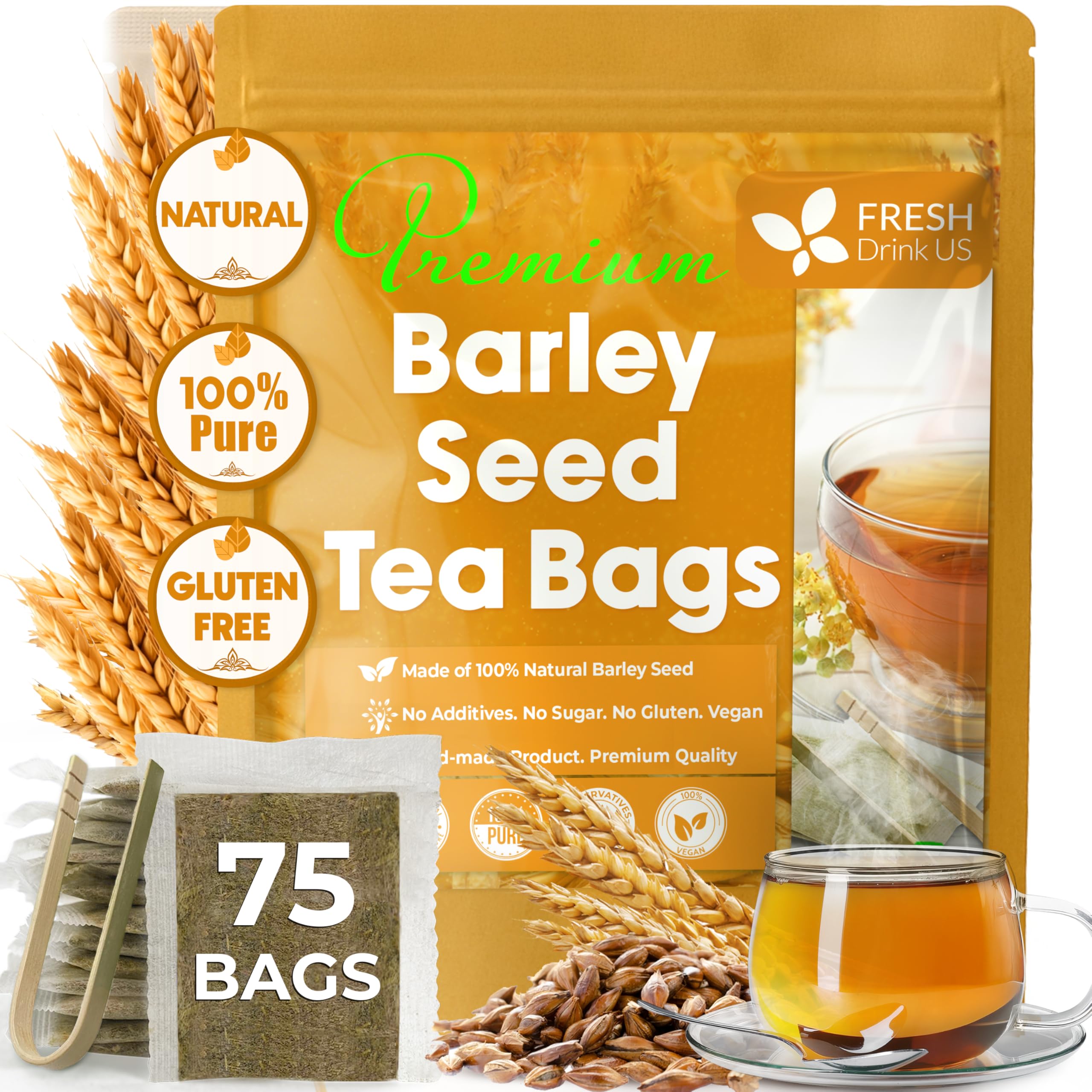 FreshDrinkUS, Premium 75 Barley Tea Bags, 100% Natural & Pure from Barley. Herbal Tea. Made with Natural Material Tea Bags. No Sugar, No Caffeine, No
