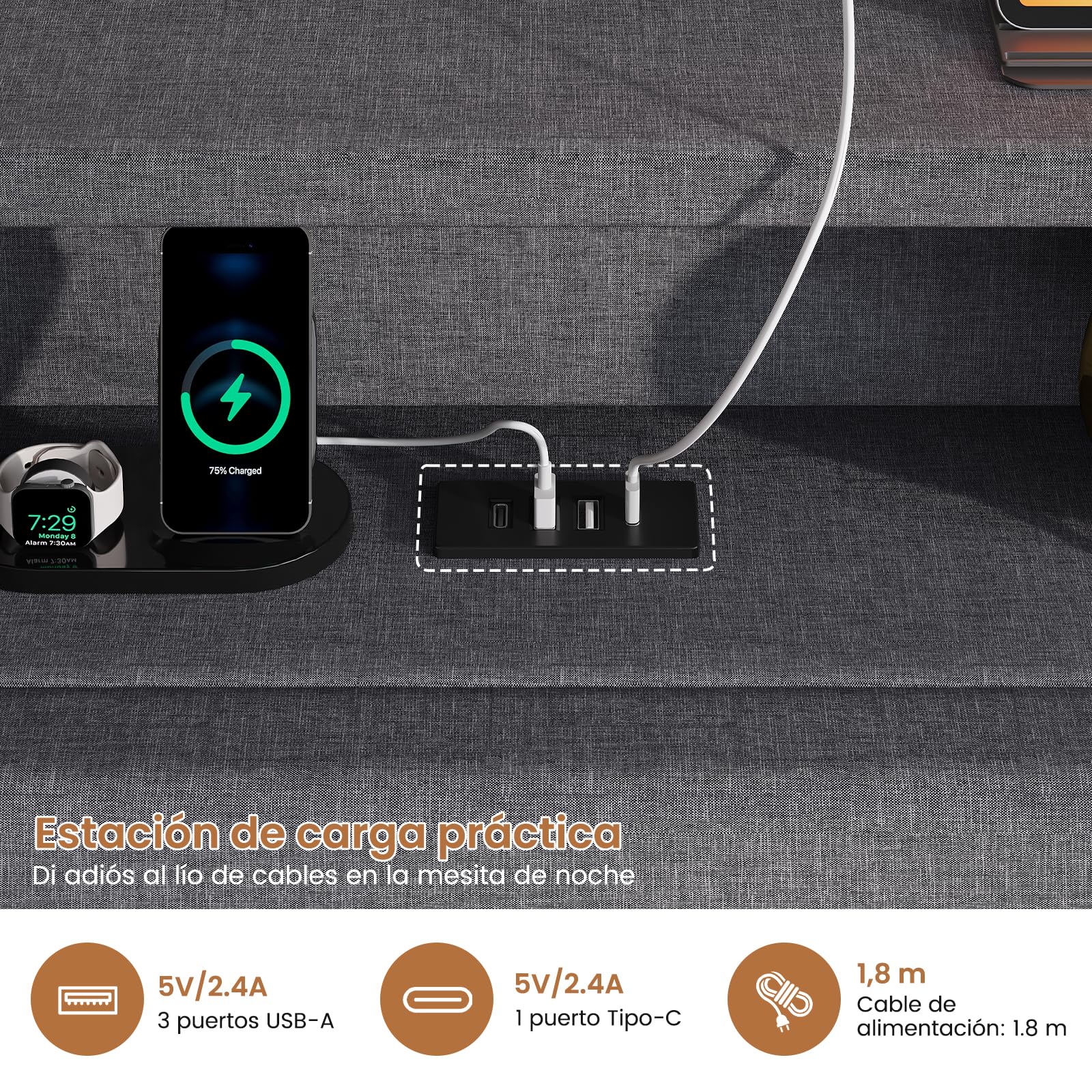 AOGLLATI Letto Singolo con Contenitore Idraulico 90x200, Divano Letto Singolo con Testiera Imbottita y Luce LED Regolabile, Struttura Letto Singolo con Stazione di Rricarica, Salvaspazio, Grigio Scuro