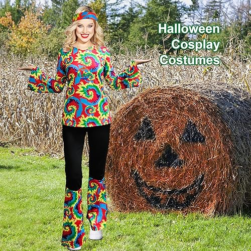 Miniatura 4 de 6 piezas de disfraces hippie de los años 70 para mujer, disfraz de discoteca, disfraz de fiesta de los años 60, aretes de los años 70, collar