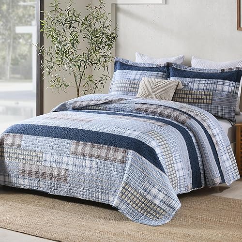 Miniatura 2 de Y-PLWOMEN Juego de edredón tamaño Queen 100  algodón color azul tamaño Queen acogedor edredón a cuadros de cabaña colcha a cuadros reservables juego