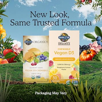 Garden of Life Organics Vegan Vitamin D3 Chewable - Raspberry Lemon, 2,000 IU (50mcg) Whole Food Vitamin D3 from Lichen Plus Food & Mushroom Blend, Gluten Free, 30 Chewable Tablets