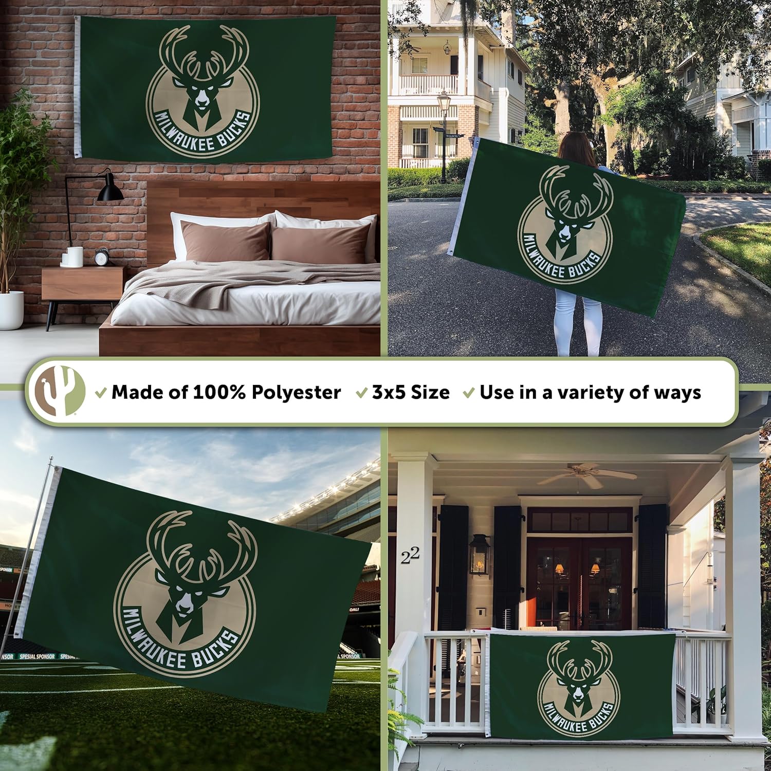 Desert Cactus Milwaukee Bucks Flag NBA 100% Polyester Indoor Outdoor 3x5 feet National Basketball Association Team Flags (Flag #2) - Image 3