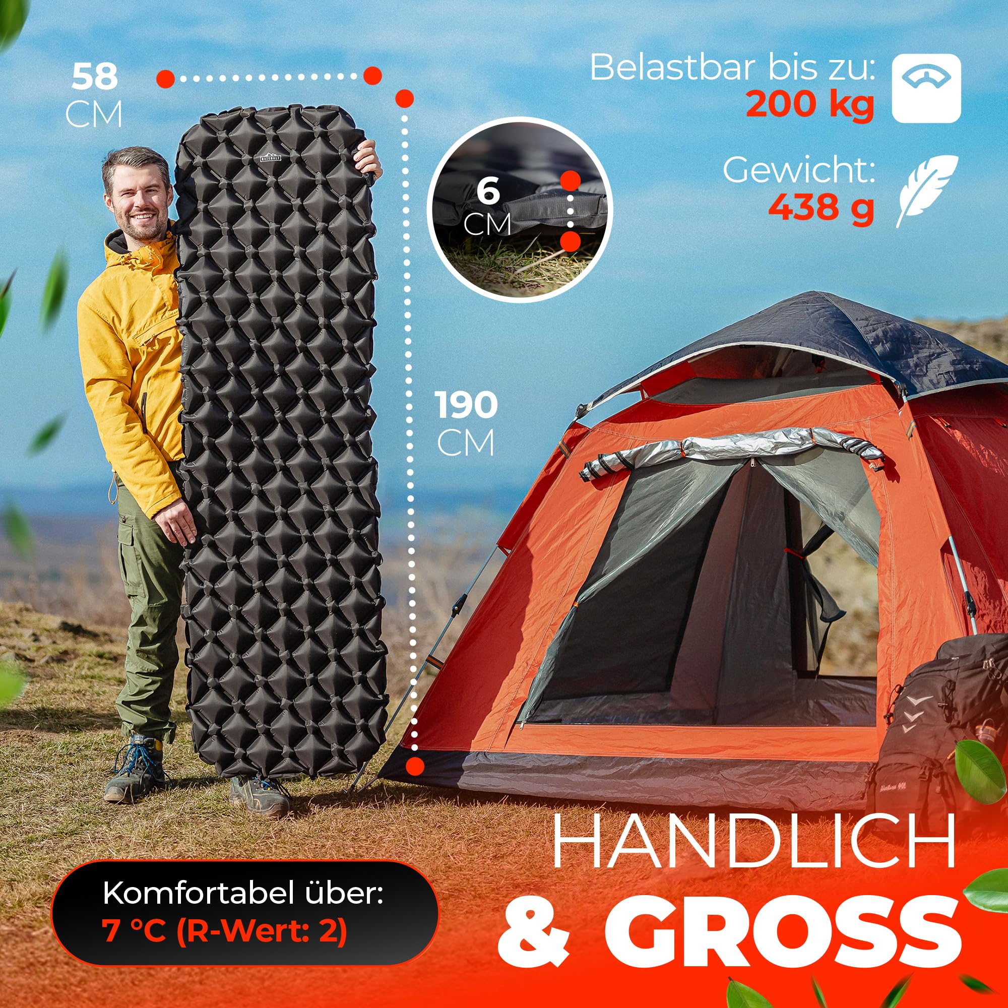 Isomatte Camping [Luftmatratze Ultraleicht mit 438g] Matratze mit Druckknöpfen zum verbinden, Schlafmatte für Outdoor campen | Ultraleichte, geräuscharme Iso-Matte, kleines Packmaß