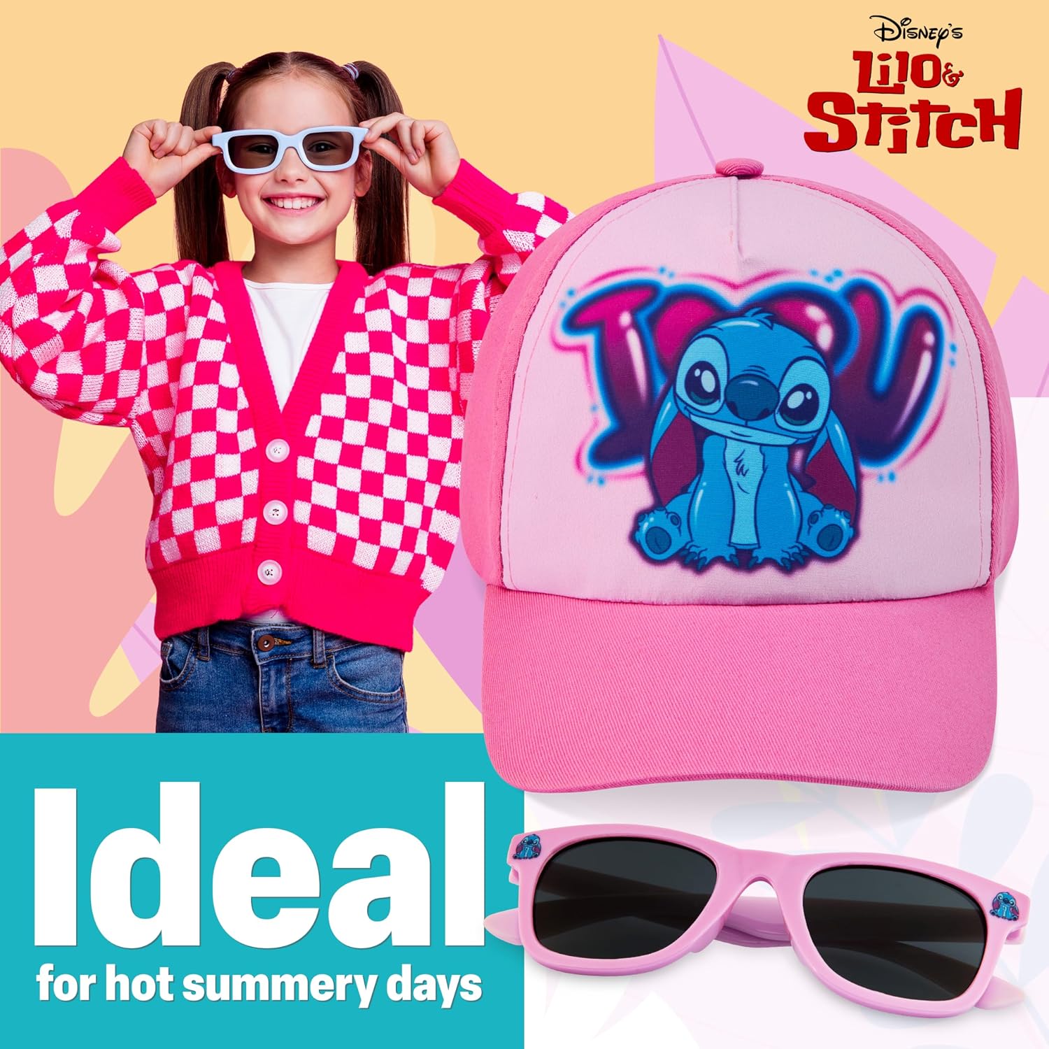 Disney Girls Sunglasses and Baseball Cap Set, Adjustable Sun Hat 100% UV Sunglasses - Girls Gifts (Pink Stitch)