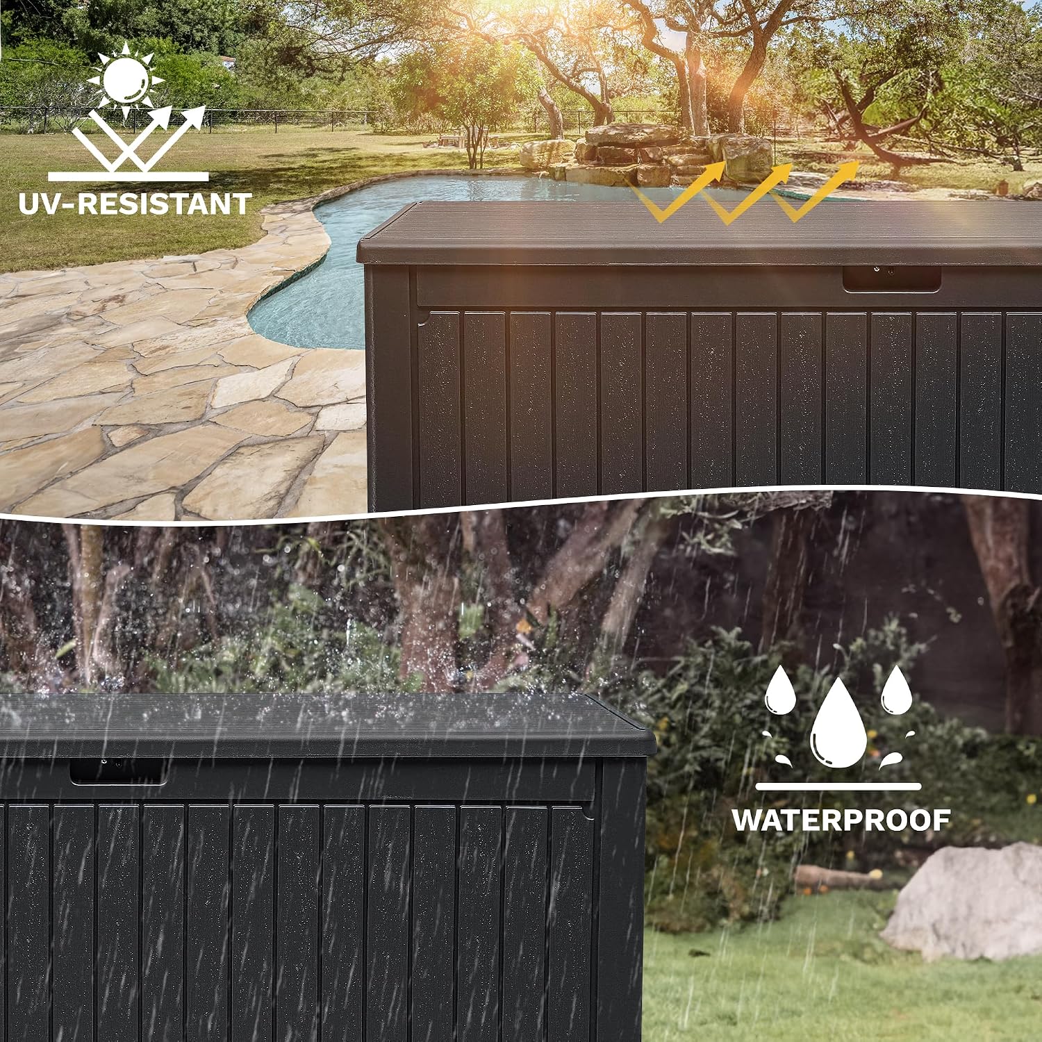 DWVO 260 Gallon Double-Wall Deck Box with Divider, XXL Extra Large Resin Outdoor Storage Box, Lockable & Waterproof, Double as Seating, 1000lbs Capacity (Black)