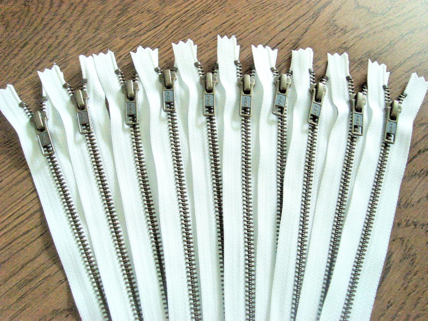 White YKK Metal Zippers in Antique Gold 12 inch Pack of 12 Pieces
