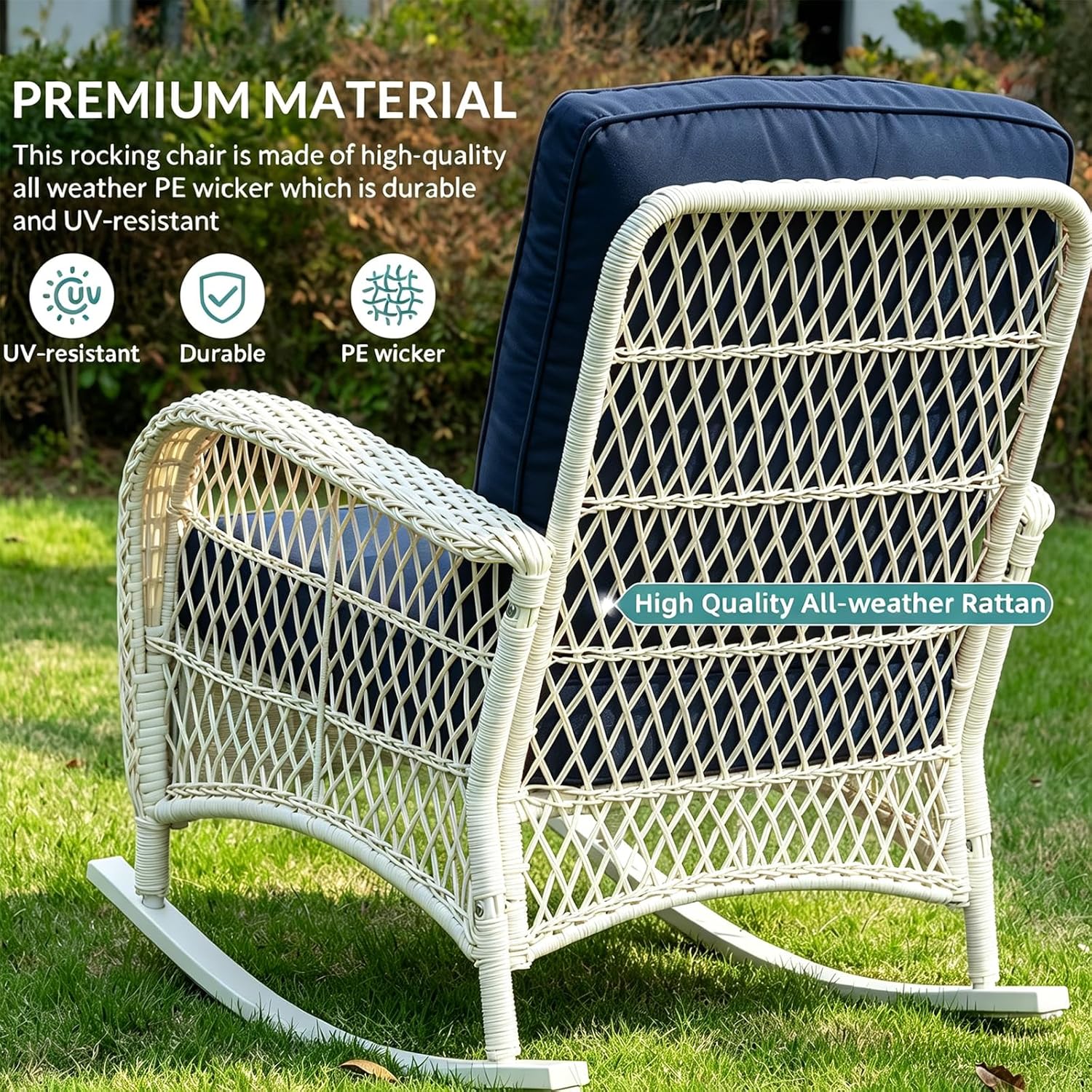 MEETWARM Outdoor Wicker Rocking Chair, Rattan Patio Rocker Chairs with Cushions and High Back, All-Weather Patio Wicker Chair with Safe Rocking Design for Garden Backyard Porch, Cream White/Navy