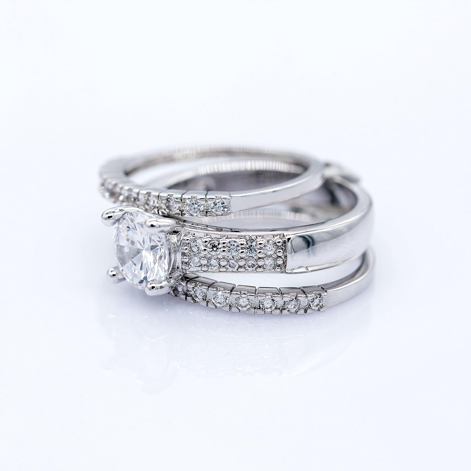 Uloveido Women's 3 pcs Set 2 Tones Platinum Plated Diamond Cut Round Clear Cubic Zirconia Bridal Wedding Band Rings (Rose Gold and Silver Color, Size 5 6 7 8 9) Y421