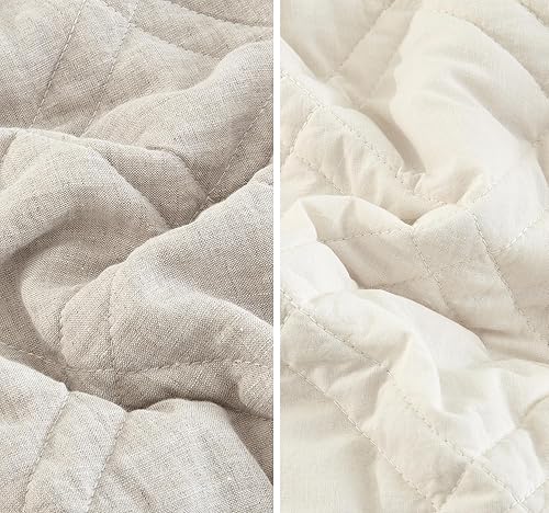 Miniatura 7 de HZ & HY Colcha extragrande para cama King, color marfil, colección de lujo, 100% lino, ultrasuave y ligera, reversible, 3 piezas, KingCal King,