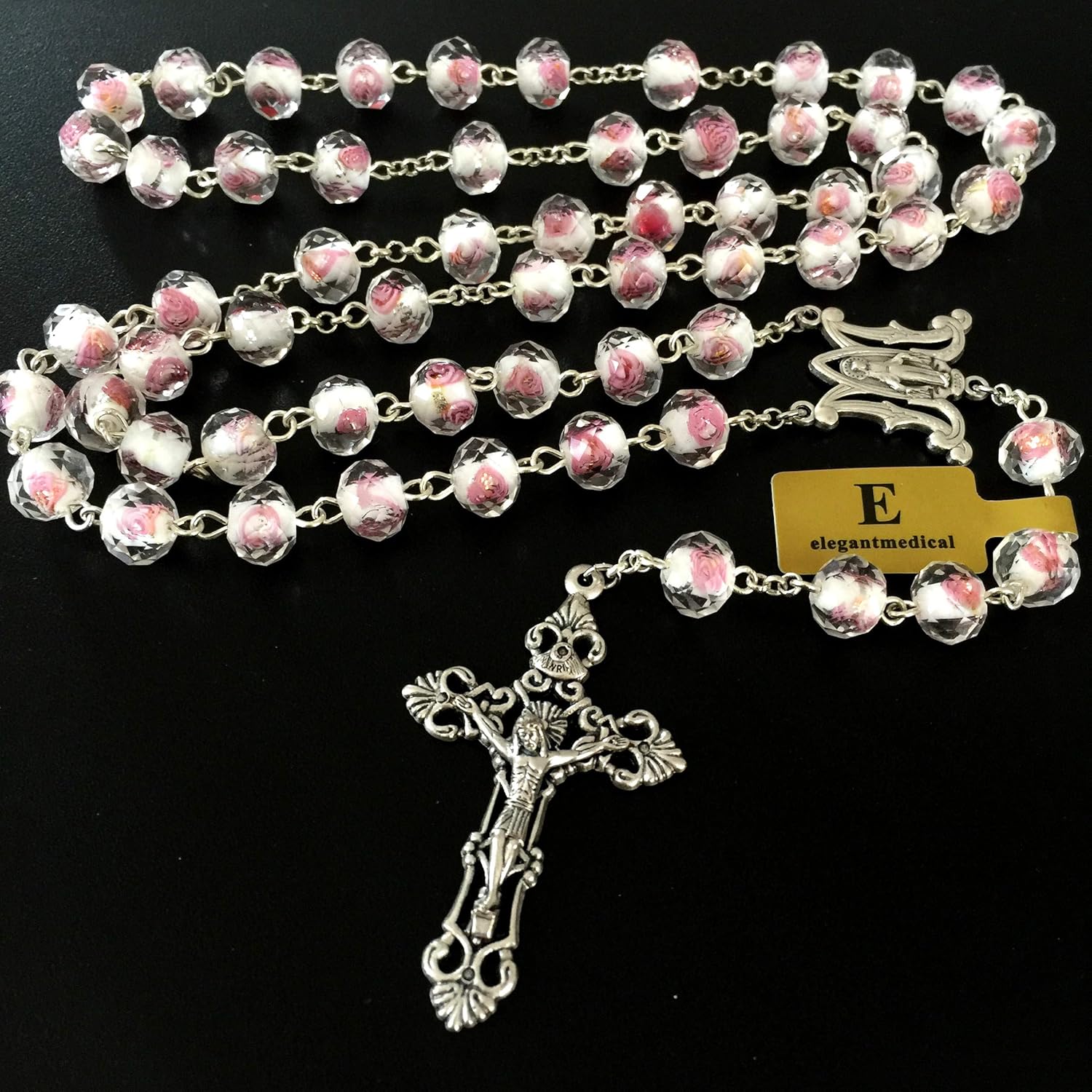 elegantmedical Handmade ROSE PINK Veluriyam ROSE BEADS ROSARY & ITALY CROSS MEDAL Catholic necklace GIFT BOX - Image 5