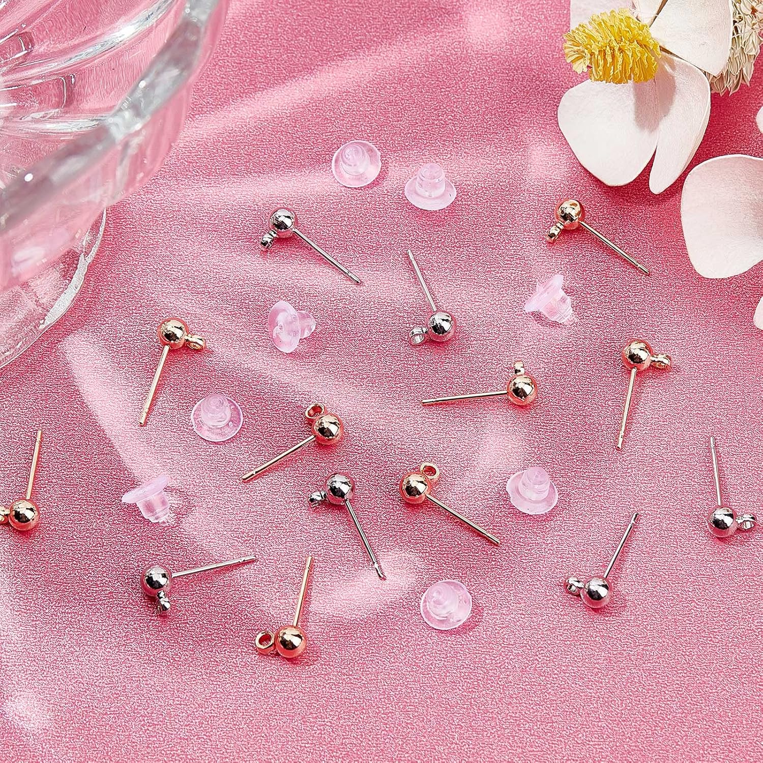 Beebeecraft 40Pcs 2 Colors Ball Stud Earrings with Loop 18K Gold&Platinum Plated Brass Round Ball Earring Findings Posts with Earring Backs for DIY Jewelry Dangle Earring Making(15x4mm)