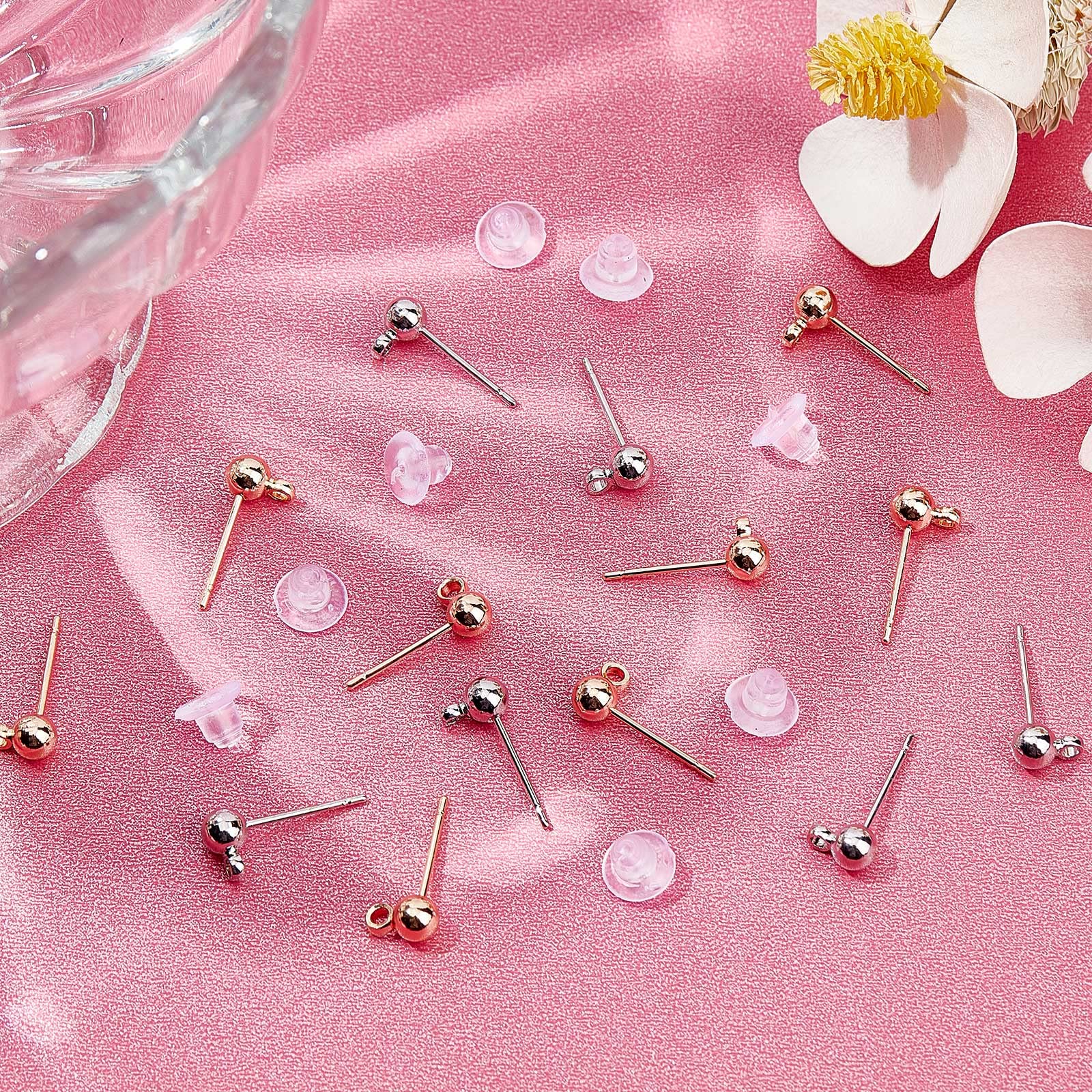 Beebeecraft Ball Stud Earrings With Loop - 40 Pieces 18K Gold & Platinum Plated Brass Posts (15x4mm) - View #11