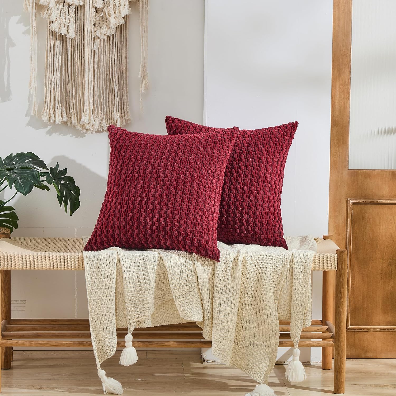 GAWAMAY Decorative Throw Pillow Covers 26x26 Inch Set of 2 for Living Room Couch Bed Sofa, Farmhouse Square Cushion Cover Soft Striped Corduroy Pillow Cases Boho Accent Home Decor (66x66cm) Dark Red